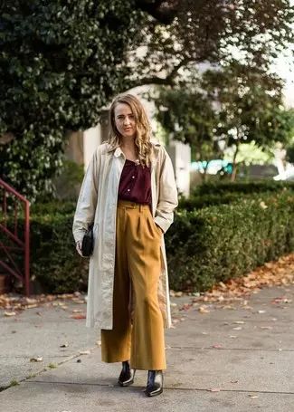 Mustard Wide Leg Pants Outfits (35 ideas & outfits) | Lookastic Dark Mustard Pants Outfit, Mustard Yellow Outfit Fall, Mustard Wide Leg Pants, Mustard Pants Outfit, Yellow Pants Outfit, Office Wear Women Work Outfits, Mustard Yellow Outfit, Mustard Yellow Pants, Mustard Outfits