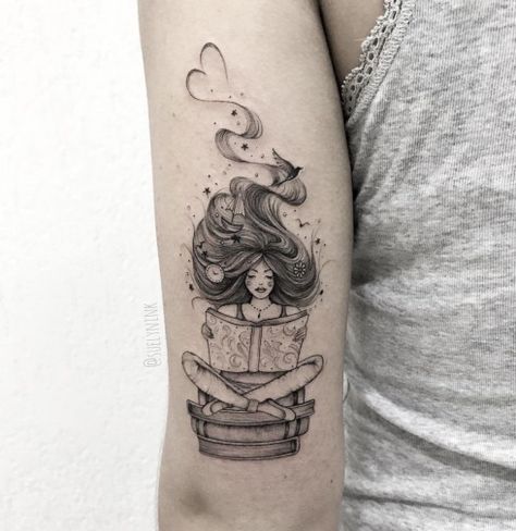 Book Tattoos, Bookish Tattoos, Literary Tattoos, Tasteful Tattoos, Book Tattoo, Unique Tattoo, Woman Reading, Reading A Book, Mom Tattoos