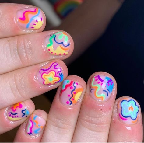 Teletubbies Nail Art, Nineties Nails, Wacky Nail Designs, Fun Colorful Nail Designs, Funky Nail Designs Fun, Glastonbury Nails, Colorful Short Nails, Colorful Nails Design, Decora Nails