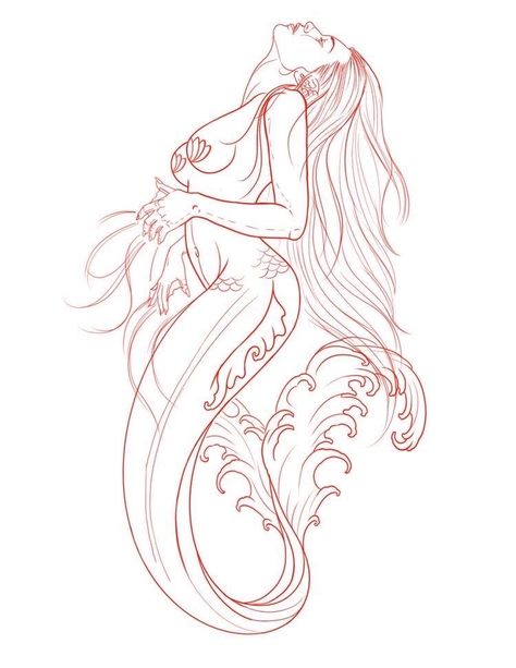 Mermaid Stencil Tattoo, Mermaid Tattoo Stencil Outline, Outline Mermaid Tattoo, Mermaid Artwork Drawing, Mermaid Tattoo Outline, Mermaid Outline Drawing, Mermaid Tattoo Designs Sketches, Back Tattoo Outline, Cute Mermaid Tattoo