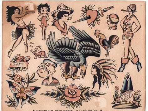 Owen Jensen Tattoo Flash, Zeke Owen Tattoo Flash, Owen Jensen Flash, Owen Jensen, Antique Tattoo, Sailor Jerry Tattoo Flash, Traditional Tattoo Flash Art, Traditional Tattoo Old School, Vintage Tattoo Design