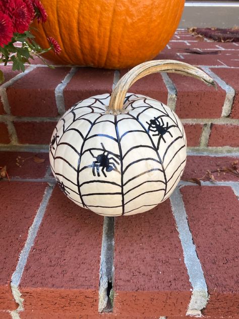 Pumpkin Spider Web Painting, Painted Bats On Pumpkins, Spider Web Painted Pumpkin, Spiderweb Pumpkin Painting, Spider Painted Pumpkin, Spider Web Pumpkin Painting, Pumpkin Painting Ideas Spider, Spider Pumpkin Painting, Spiderweb Pumpkin