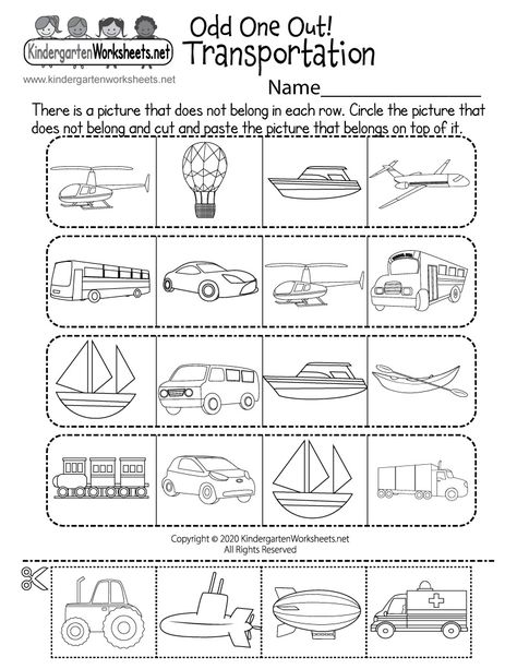 Does a boat travel through the air like a helicopter does? This free worksheet asks kids to circle the mode of transportation that does not belong in each row. Then children can cut and paste a picture of a vehicle that does belong on top of it. Air Transportation Worksheet, Kindergarten Language Worksheets, Spelling Worksheets Kindergarten, Thanksgiving Worksheets Kindergarten, Kindergarten Transportation, Transportation Preschool Activities, Coloring Worksheets For Kindergarten, Counting Worksheets For Kindergarten, Transportation Worksheet