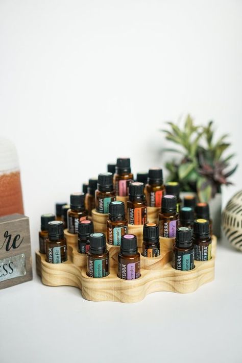 Essential Oil Display, Essential Oil Rack, Oil Display, Essential Oils Organization, Oil Rack, Vetiver Oil, Calming Oils, Woodwork Ideas, Clary Sage Oil