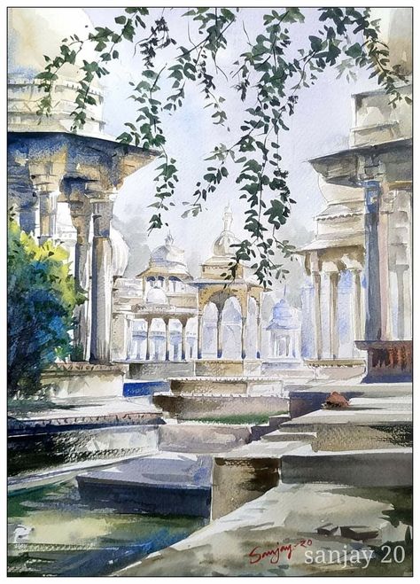 Temple Watercolor, Khajuraho Temple, Watercolor Indian, Hindi Calligraphy, Abstract Graphic Design, Watercolor Architecture, Indian Temple, Abstract Graphic, Cityscape Art