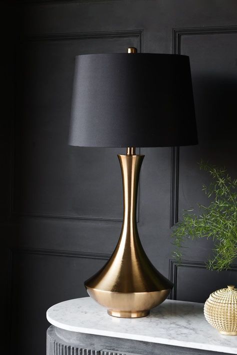 Elegant Brass Table Lamp With Black Shade | Rockett St George Black And Gold Lamps, Brass Standing Lamp, Kitchen Seating Area, Lamp With Black Shade, Quirky Table Lamp, Quirky Table, Table Lamp Bedroom, Art Deco Table Lamp, Retro Table Lamps