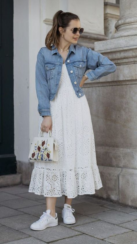 #FashionInspiration #StyleGoals #TrendyLooks #FashionistaFaves #OOTD #FashionForward #InstaFashion #FashionAddict #FashionObsessed #FashionGoals Denim And White Dress, Long White Dress Outfit Casual, Long Cardigan With Dress, White Dress With Jacket, White Dress Denim Jacket, Dress And Cardigan Outfit, Dress And Sneakers Outfit, Vintage Attire, Chique Outfit