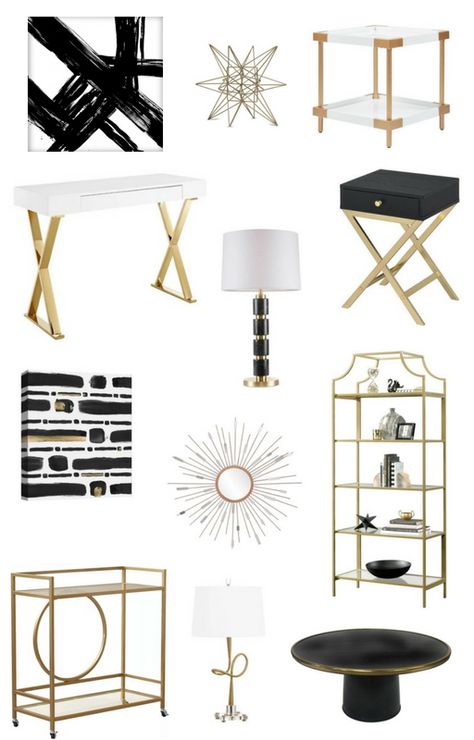 White And Gold Furniture Living Room, Black White And Gold Home Aesthetic, Black And Gold Aesthetic Room, White Black And Gold Bedroom Ideas, Black And White Gold Bedroom Ideas, Black And Gold Bookshelf, Black White Gold Office Decor, Black White And Gold Room Ideas, Black White And Gold House Interior