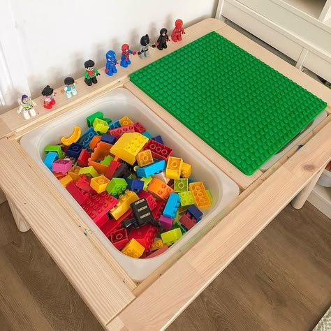 Flisat Table Ideas, Ikea Flisat Table Ideas, Duplo Table, Flisat Ikea, Kid Friendly Living Room, Flisat Table, Ikea Flisat, Lego Wall, Ikea Trofast