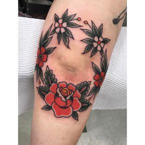 Tattoo Ideas Female Black, Traditional Tattoo Elbow, 45 Tattoo, Wreath Tattoo, Electric Tattoo, Kelly Smith, Traditional Tattoo Sleeve, Elbow Tattoos, Sweet Tattoos