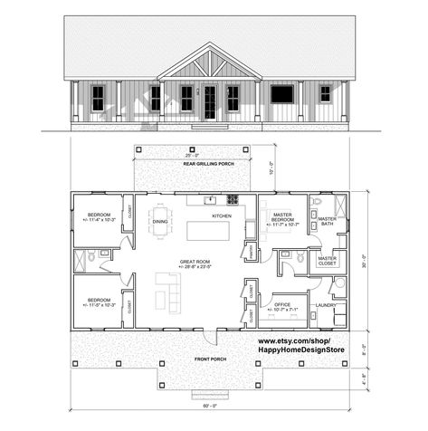 This thoughtfully design house plan offers a 60'x30', 3 bedroom, 2.5 bath house that can be added on any plot of land! Once you order you will be provided with an instant download link to obtain the detailed floor plan drawing. The floor plan is fully dimension-ed and scaled for use on one of your own property! Save hundreds in architectural fees! These carefully dimensioned drawings should be enough for a contractor to frame the house walls and then you simply design the rest of the house an Rectangle House Plans, 3 Bedroom Home Floor Plans, Custom House Plans, 3 Bedroom Floor Plan, Three Bedroom House Plan, Pole Barn House Plans, House Plans 3 Bedroom, Barn Style House Plans, Cabin Floor Plans