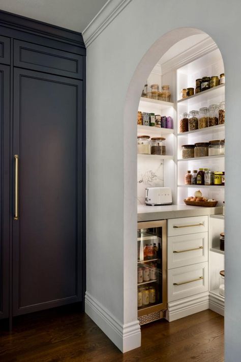 Neutral Contemporary Pantry With Arched Doorway Contemporary Pantry, Arched Doorway, Neutral Contemporary, Transitional Kitchen Design, Butchers Block, Harmony House, Beautifully Organized, Blue Cabinets, Smart Ideas