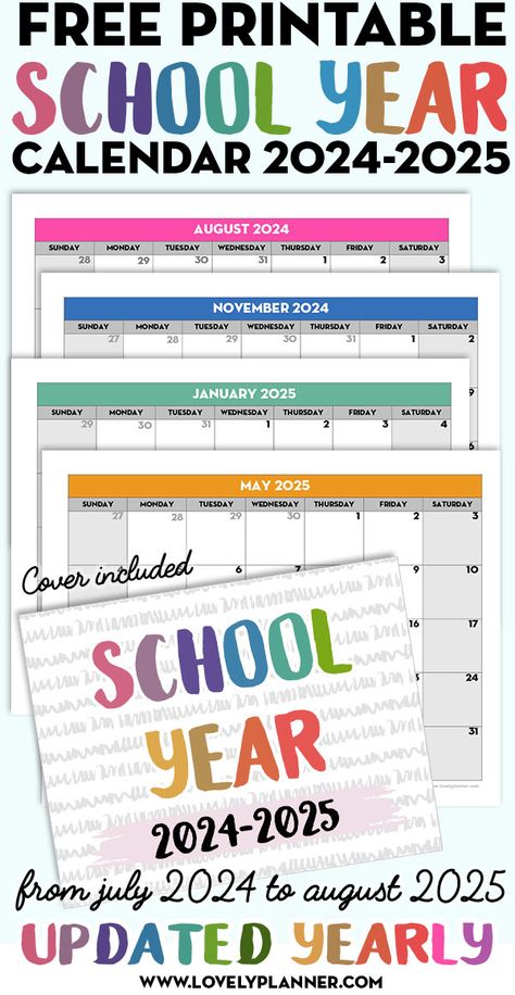 Updated Yearly - FREE PRINTABLE 2024-2025 Monthly School Calendar to help you keep track of important dates throughout the academic year 2024-25 - Monthly School Calendar Templates - 2024-25 School Calendar Template #freeprintable #printable #school #backtoschool #teacher #student #lovelyplanner #calendar 2024 2025 School Calendar, Free Months Of The Year Printables, 2024 2025 Calendar, School Calendar Ideas, School Calendar Printables, Homeschool Student Planner, Behavior Calendar, Free Lettering Worksheets, Teacher Calendar