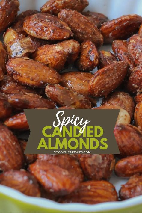 Spicy Candied Almonds are pretty incredible. The sweet and spicy combine with the crunch of the nuts in an addictingly delicious way. You're going to want this Spicy Candied Almonds recipe on repeat for fun snacks and salad toppings all year long. Spiced Almonds Recipe Savory, Sweet And Spicy Almonds Recipe, Sweet And Spicy Roasted Almonds, Sweet And Salty Nuts Recipe, Seasoned Almonds Recipes, Spicy Almonds Recipe, Ranch Almonds, Sweet And Spicy Nuts Recipe, Spiced Almonds Recipe