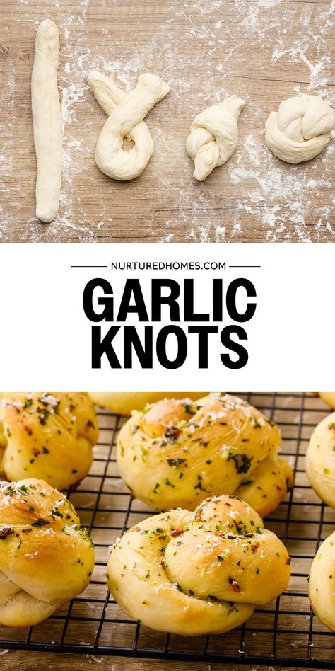 Here's how to make the most heavenly homemade garlic knots. Bread Knots Easy, Homemade Garlic Knots From Scratch, Biscuit Garlic Knots, Garlic Knots Recipe From Scratch, Garlic Knots Pizza Dough, Best Garlic Knots, Garlic Bread Knots, Cheesy Garlic Knots, Knot Rolls