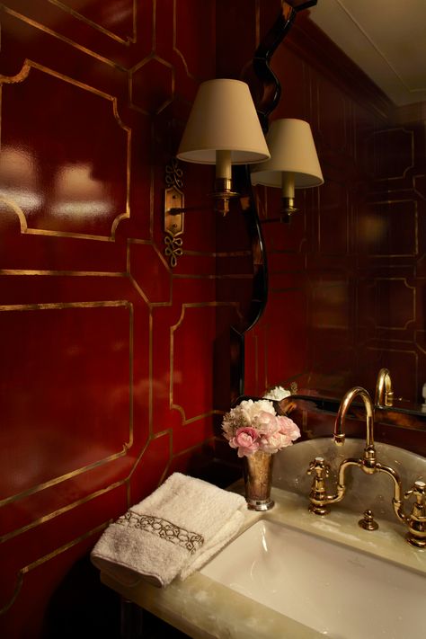 Eastside Eclectic — Robert Passal Interior Design Mill Work, Red Bathroom Decor, Lacquered Walls, Traditional Baths, The World Of Interiors, Bathroom Red, Red Rooms, Painted Paneling, New Traditional