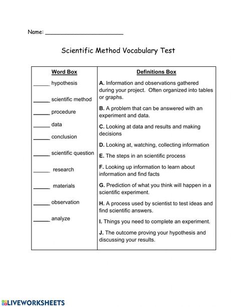 Scientific Method Printable, Scientific Method Steps, Vocabulary Test, Scientific Process, Scientific Method Worksheet, Word Boxes, Essay Help, Vocabulary Worksheets, Educational Worksheets