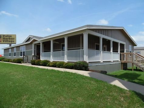 Exterior view of The Evolution manufactured home model SCWD76X3 by Palm Harbor Homes - shown with full built-in porch option Manufactured Home Remodel Exterior, Manufactured Homes Floor Plans, Modular Floor Plans, Palm Harbor Homes, Cheap Bathroom Remodel, Manufactured Home Remodel, Modular Home Floor Plans, Floor Plans Ranch, Ranch Remodel