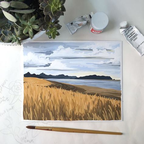 Peaceful shores grass waving in the wind. Sometimes winter landscapes are the most stunning. Working on landscape paintings for our 2019 (yikes) calendar! Winter Drawings, Winter Landscapes, Posca Marker, Posca Art, Gouache Art, Landscape Photography Nature, Art And Illustration, Gouache Painting, Winter Landscape