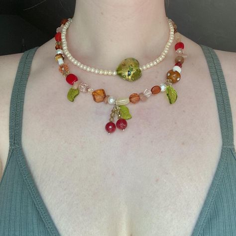 handmade layered cottage core cherry beaded... - Depop Cottage Core Maximalist, Cherry Beaded Necklace, Beads Mushroom, Mushroom Beads, Leaf Beads, Green Heart, Jewelry Inspo, Cottage Core, Made By Me