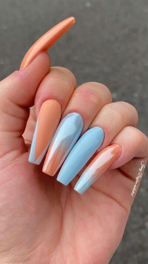 Peach And Blue Nails, Short Coffin Nails Designs, Stylish Nail Art, Blue Gel Nails, Peach Nails, Art Design Ideas, Nude Nail Designs, Long Acrylic Nails Coffin, Coffin Nails Long