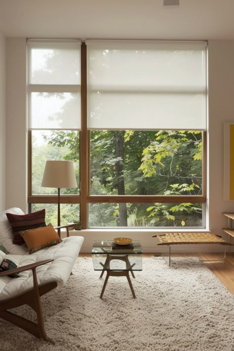 Create a stunning mid-century modern living room using these tips and ideas. Midcentury Window Treatments, Desk Decor Items, Large Windows Living Room, Living Room Patio Doors, Sea Apartment, Modern Window Coverings, Mid Modern House, Bedrooms Boho, Boho Living Rooms