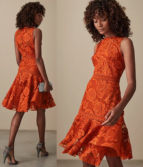 Orange Wedding Guest Outfit, Orange A Line Dress, Orange Dress Ideas, Orange Dress Outfit Summer, Orange Clothing, Orange Cocktail Dress, Orange Dress Outfit Wedding, Orange Summer Dress, Sundress Outfit Summer