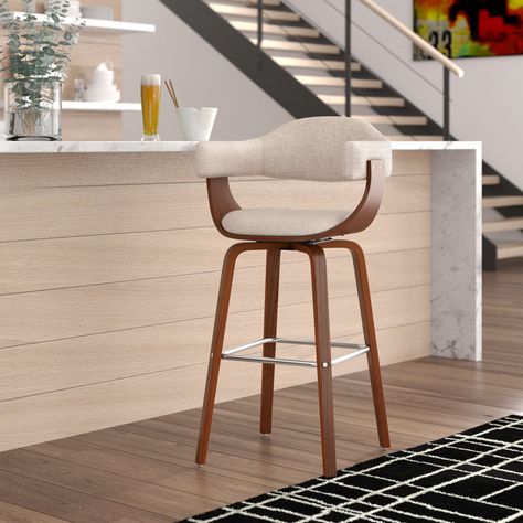 Wade Logan® Alminus Swivel Bar Stool, Fabric Upholstery, Walnut Wood Legs & Reviews - Wayfair Canada Upstairs Decor, Mid Century Bar Stools, Cozy Bar, Fabric Bar Stool, Stools Kitchen, Brown Bar Stools, Cool Bar Stools, Bar Stools Kitchen Island, Loft Kitchen