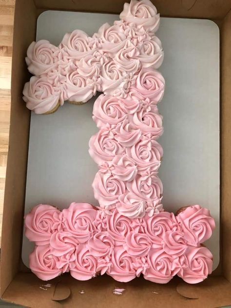 1 Year Cupcakes, One Cupcake Cake, 1 Shape Cake, Number 1 Cupcake Cake, Isnt She Onederful Birthday Theme Food, 1st Birthday Girl Cupcakes, Number 1 Cake Decorating Ideas, One Cupcake Cake Number, Pink And White Number Cake