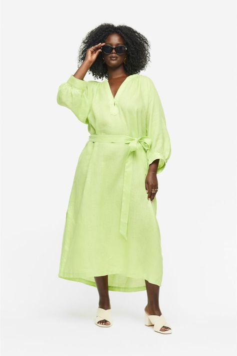 Tie Belt Dress, Lime Green Dress, Plus Size Belts, Linen Tunic Dress, Gathered Neckline, Calf Length Dress, Wide Leg Dress Pants, Purple Mini Dresses, Belt Dress