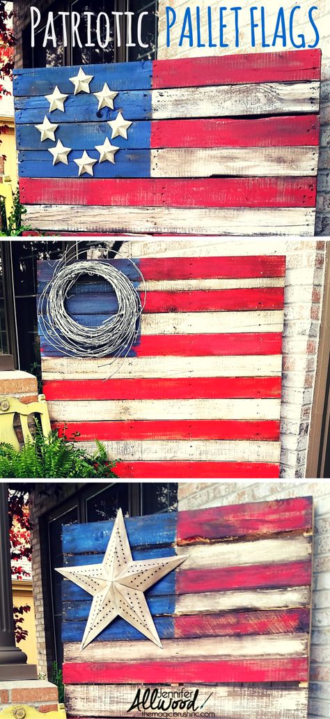 Celebrate Independence Day / Fourth of July with some decorative Patriotic Pallet Flags. Free videos by theMagicBrushinc.com on how to do it step-by-step, prepping, painting and staining! Pallet Flags, Pallet Flag, Bar Outdoor, Used Pallets, Pallet Creations, Pallet Decor, Patriotic Crafts, Pallet Crafts, Diy Holz