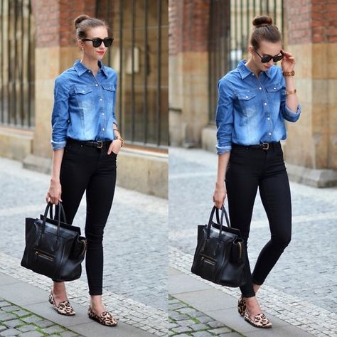 Denim, Black, Animal Denim At Work, Cheetah Print Shoes Outfit Casual, Denim Shirt Spring Outfit, Jean Shirt And Jeans Outfit, Jean Shirt Outfits For Work, Denim Shirt Winter Outfit, Leopard Print Loafers Outfit, Animal Print Loafers Outfit, Denim Shirt Black Jeans Outfit