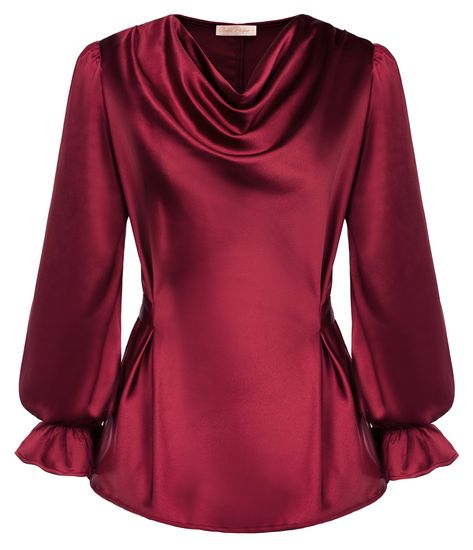 Silk Satin Tops Cowl Neck Drape Blouse Long Sleeve Tie Waist Blouse Shirt Top Silk Top Designs, Satin Tops, Drape Blouse, Cowl Neck Shirt, Blouse Size Chart, Draped Blouse, Dressy Blouse, Blouse Long Sleeve, Pretty Blouses