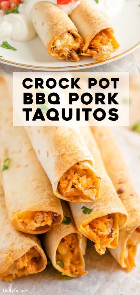 These homemade Pork Taquitos are filled with slow cooker BBQ pork loin, then rolled in tortillas with cheese and baked. Served with sour cream and fresh pico de gallo, they are awesome! Super easy, flavorful, and freeze beautifully if you want to make extra for later! #taquitos #bakedtaquitos #porktaquitos #slowcookerbbqpork Pulled Pork Taquitos, Pork Taquitos, Bbq Pork Crockpot, Bbq Pork Loin, Slow Beef Stew, Taquitos Recipe, Boneless Pork Loin, Bon Apetit, Best Crockpot Recipes