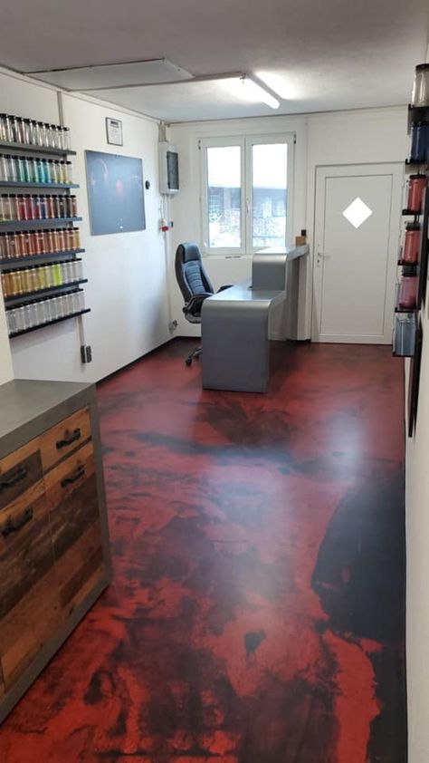 Red and Black Epoxy Resin Flooring for Salon / Hairdressers, Installed and Designed by Jenflow Systems Red Epoxy Floor, Epoxy Floors In Cafe, Yellow Epoxy Floor, Epoxy Garage Floor Colors Flakes, Epoxy Floor Commercial, Epoxy Resin Flooring, Resin Flooring, Epoxy Floors, Theater Rooms