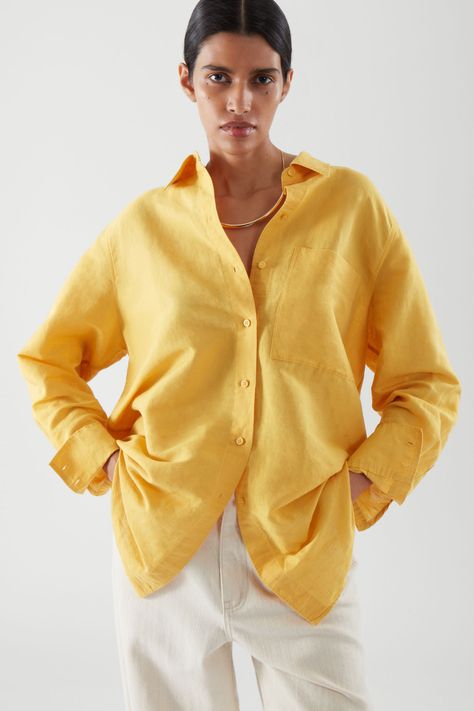 OVERSIZED LINEN SHIRT - yellow - Shirts - COS US Yellow Linen Shirt, Linen Shirt Outfit, Oversized Linen Shirt, Overall Outfit, Linen Shirts Women, Zara Shirt, Denim Blouse, Yellow Shirts, Women Shirts Blouse