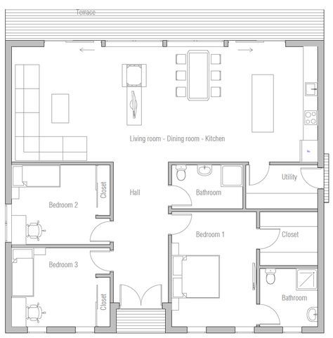 House Plan CH433 House Plan Home Plan 100m2, House Plan 100m2, 100m2 House Plan 1 Floor, Bungalow Floor Plans, Cottage Floor Plans, Modern Small House Design, House Plans 3 Bedroom, Small House Floor Plans, House Plan Gallery