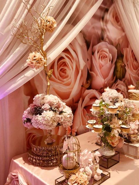 Elegant Rose Garden Quinceanera | CatchMyParty.com Quinceanera And Mini Quinceanera, Snack Table Ideas Party Quince, Quince Decorations Champagne Pink, Quinceanera Centerpieces Tree, Paris Party Main Table Quincenra, Quince Decor, Quinceanera Planning, Quinceanera Decorations, Sweet Sixteen Parties