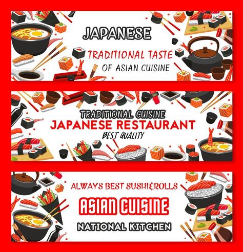 Vector Japanese cuisine Asian food banners Best Sushi Rolls, Food Asian, Food Banner, Best Sushi, Japanese Restaurant, Sushi Rolls, Asian Food, Japanese Traditional, Asian Recipes