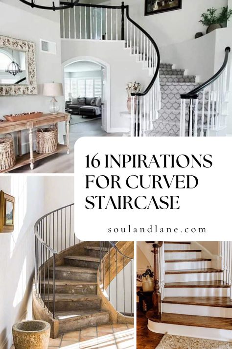 Dive into the world of swirling elegance with curved staircase designs that promise to revolutionize your home's interior. Ideal for anyone looking to infuse their renovation with a blend of drama and sophistication, these ideas showcase how architectural curves can elevate your living space. Discover a variety of styles that cater to every taste, from minimalist modern to opulently ornate, and prepare to be inspired by the transformative power of design. Curved Staircase Molding, Curved Stair Wall Decor, Curving Staircase, Entryway Curved Staircase, Curved Staircase Makeover, Round Stairs Design Modern, Curved Staircase Design, Curved Stairs Design, Curved Entryway Ideas