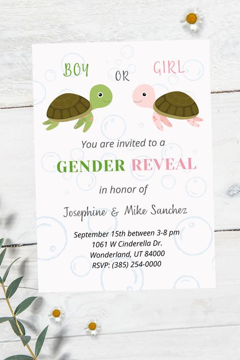 Turtle Gender Reveal, Baby Penelope, Gender Reveal Invitations Template, Pink Boy, Gender Reveal Party Theme, Baby Green, Gender Reveal Invitations, Ocean Theme, He Or She