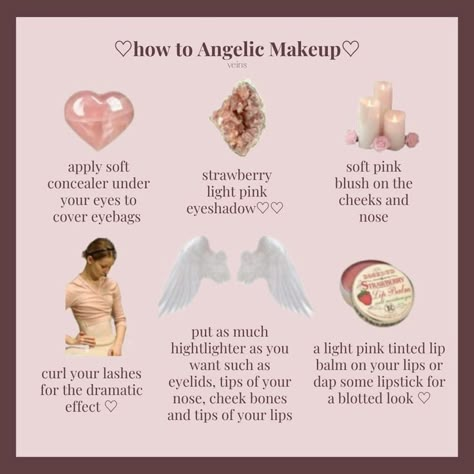 angelic makeup Makeup Advice Tips, How To Look Coquette, Angelcore Aesthetic Makeup, Simple Feminine Makeup, Angelic Aesthetic Makeup, How To Look Like An Angel, Coquette Glow Up, How To Look Angelic, Princess Makeup Ideas