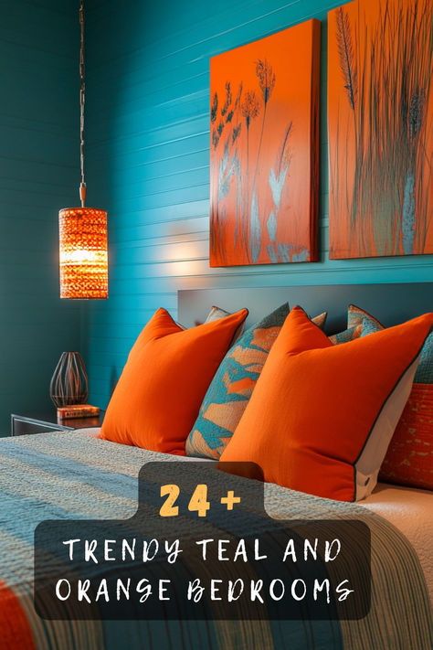 Looking to add a pop of color to your bedroom? You’ll love these 24+ vibrant teal and orange bedroom ideas that create a lively atmosphere! Discover creative designs and decor tips to make your space truly unique. Click to find your inspiration! 🎨🛏️✨  #TealAndOrange #BedroomInspiration #HomeDecor #ColorTrends #InteriorDesign #VibrantSpaces #CozyLiving Red And Teal Bedroom, Teal And Terracotta Bedroom, Blue And Orange Bedroom Ideas, Teal Color Palette Bedroom, Teal And Copper Bedroom, Teal Bedroom Color Schemes, Teal And Orange Bedroom, Orange And Teal Bedroom, Teal Boho Bedroom