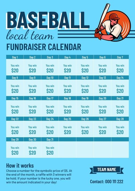 Baseball Fundraising Ideas, Baseball Bingo, Bingo Fundraiser, Baseball Fundraiser, Travel Ball, Pto Ideas, Make Your Own Calendar, Team Fundraiser, 17 Day