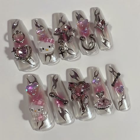 Art Deco Nails, Cute Hello Kitty, Nails Design With Rhinestones, Hello Kitty Nails, Pretty Nail Designs, Nails White, Pretty Gel Nails, Really Cute Nails, Crazy Nails