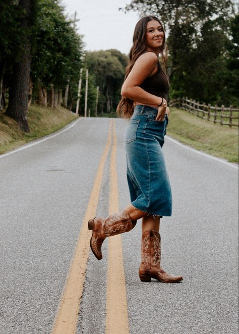 Cowgirl Boots With Skirt, Long Denim Skirt And Cowboy Boots, Jean Skirt Photoshoot, Jean Skirt Cowgirl Outfits, Cowgirl Jean Skirt Outfits, Long Denim Skirt Outfit Cowboy Boots, Cowboy Boots Skirt Outfit, Western Denim Skirt Outfit, Jean Skirt Western Outfit