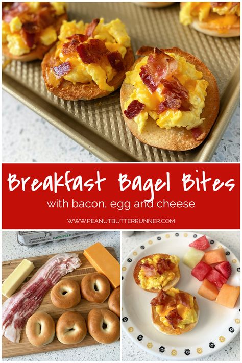 Breakfast Ideas With Mini Bagels, Mini Bagel Recipes Breakfast, Breakfast Bagel Bites, Mini Bagel Ideas, Bagel Breakfast Pizza, Mini Bagel Recipes, Bagel Breakfast Ideas, Mini Bagels Recipe, Peanut Butter Pizza