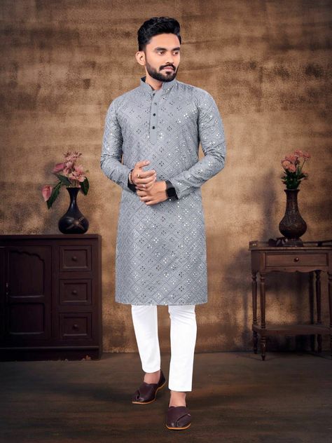 Eid Kurta, Png Pic, Mirror Work Kurta, Mirror Work Kurti, Mens Traditional Wear, Indian Wedding Clothes For Men, Wedding Kurta, Georgette Kurta, Wedding Kurta For Men