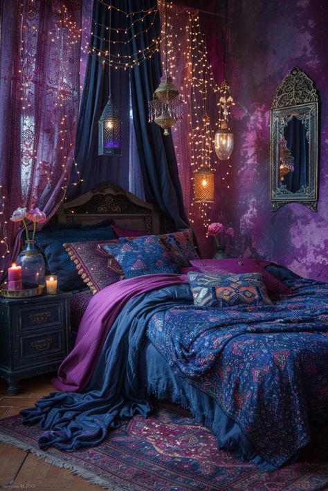 Purple Boho Bedroom Ideas, Deep Purple Bedroom Ideas, Bedroom Appartement, Goblin Bedroom, Bedroom Boho Ideas, Purple Boho Bedroom, Magical Bedroom Ideas, Bedroom Sanctuary Ideas, Blue And Purple Bedroom