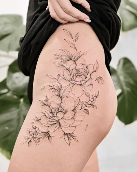 Blooming beauty that stands the test of time 🌸✨ Embracing the delicate allure of peonies and cherry blossoms on her side hip! Forever… | Instagram Cherry Blossom Side Tattoo, Cherry Blossom Hip Tattoo, Fine Line Tattoo Flowers, Fine Line Hip Tattoo, Fine Line Tattoo, Tattoo Cover Up, Feminine Tattoo, Blossom Tattoo, Cherry Blossom Tattoo